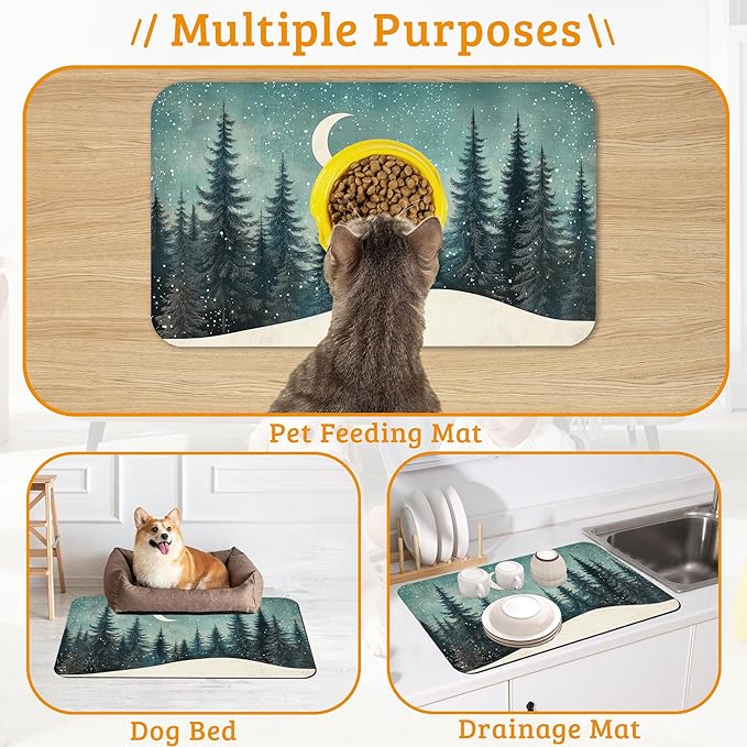 Pet Feeding Mat,Abstract Forest Absorbent Dog Cat Food Mat Moon Dog Mat with Rubber Backing,Non-Slip Water Bowl Placemat,Pet Supplies 12" x 20"