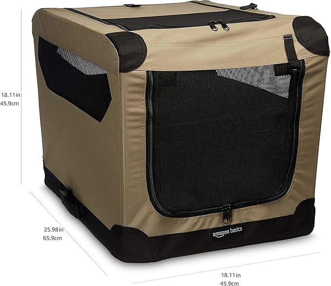 Amazon Basics Portable Folding Soft Dog Crate, 2-Door, Collapsible Travel Kennel, Top & Front Loading, Small 26" x 18" x 18", Tan