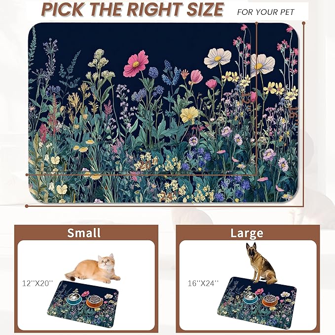 Wildflower Spring Floral Dog Cat Food Mat,Garden Flowers Absorbent Pet Feeding Mat for Food and Water,Non-Slip Dog Bowl Mats Floor Protector 12"x20"