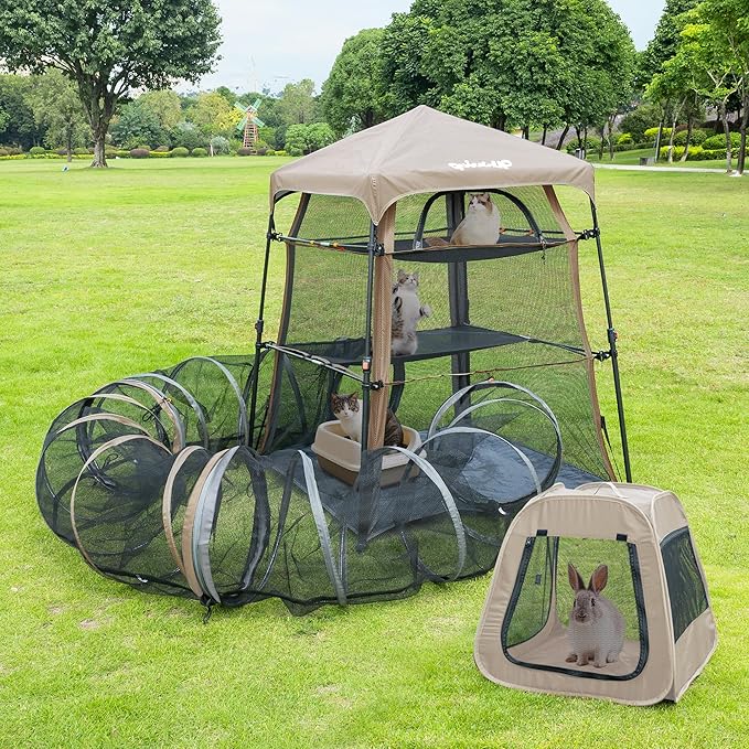 Cat Enclosure Kitten and Tower Tent for Indoor and Outdoor,3 Tier Cage Inside,Outdoor Catio,Portable and Foldable,Two Doors Design; Play Tunnel + Cube(with Three Ways)…