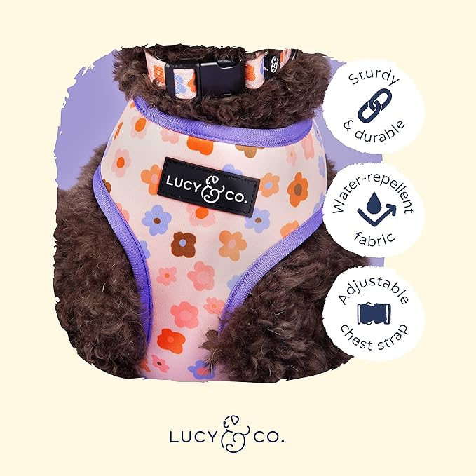 Lucy & Co. Purple with Coral Floral Wave, Cute Reversible Dog Harness Walking Halter - Best Designer Pet Harnesses for XS - XL Dogs - Padded Adjustable Vest for Easy Walking (X-Small)