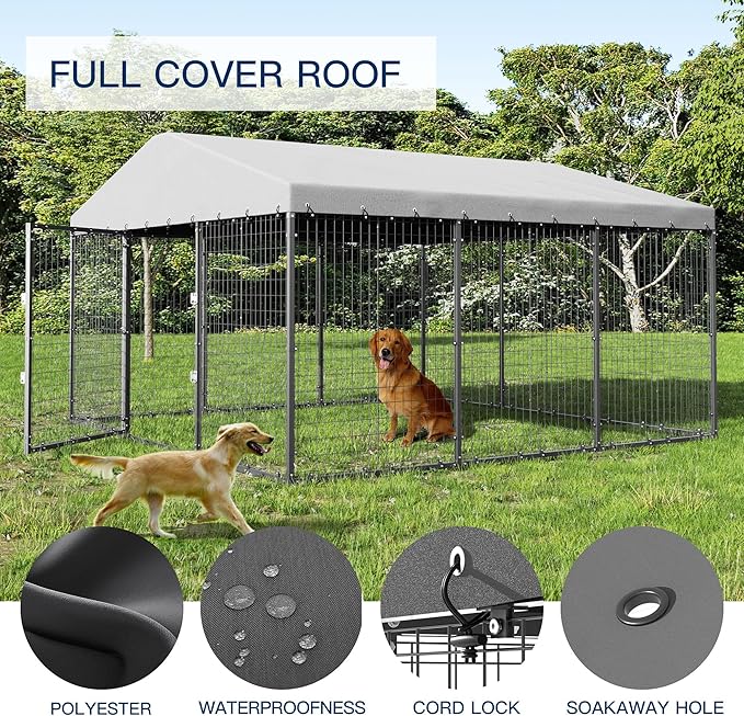 Kullavik 10x10x6 FT Large Outdoor Dog Kennel,Anti-Rust Galvanized Steel Dog Pen with Double Locks,Heavy Duty Dog Enclosure Fence with UV & Water Resistant Roof Cover for Outside