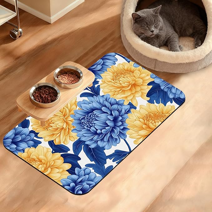 Blue Yellow Flowers Dog Food Mat, Absorbent Pet Feeding Mat for Food and Water Bowl,Quick Dry Dog Placemat Non Slip Rubber Backing Waterproof Pet Supplies 12" x 20"