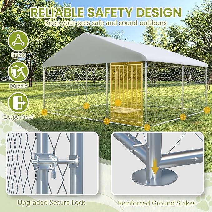 10FT x 10FT Outdoor Dog Kennel with Roof, Outside Dog Run Fence with Rotated Dog Bowls, Large Dog House Pen Enclosure with Secure Lock&Textilene Door