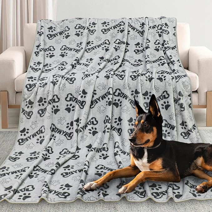 Dog Blankets for Large Dogs Upgraded, Dog Cat Flannel Blankets Washable, Cute Bone Paw Print Blanket for Bed Cover, Couch, Crate, 80x60 inch