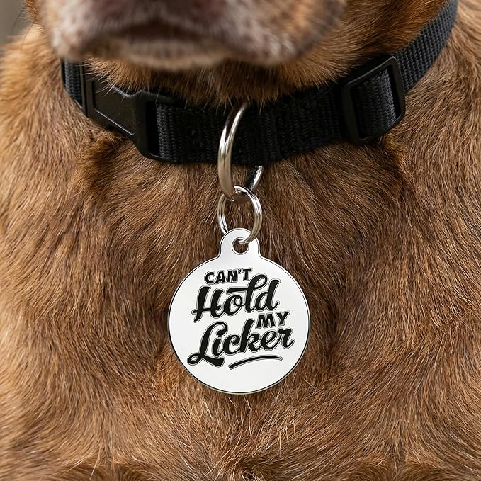 Bad Tags Personalized Dog and Cat ID Tags in 25+ Designs and 2 Sizes - 5 Lines of Custom Engraved Text - Funny Cute Personalized Pet Tags (Can't Hold My Licker, Large (1.25 inch))