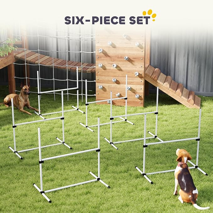PawHut 6 Piece Dog Agility Training Equipment for Dog Agility Course with Adjustable Height Jump Bars, Included Carry Bag, & Displacing Top Bar, White