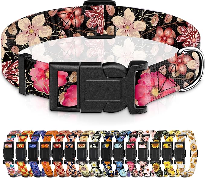 Dog Collar for Boys Girls, Flower Puppy Collar for Small Medium Large Dogs, Adjustable Soft Floral Pattern Pet Collar with Safety Buckle for Male Females(Red Floral,XS)