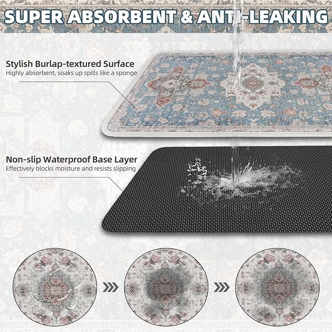 PUPTECK Dog Food Mat, Absorbent Pet Feeding Bowl Mat, Non-Slip Dog Mat for Food and Water, Quick Dry No Stains Cat Placemats Pet Supplies for Messy Drinkers, Blue 12"x20"