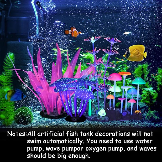 Lpraer 4 Pack Glow Aquarium Decorations Branch Coral Reef Mushroom Seaweed Simulation Glow Plant Glowing Effect Silicone for Fish Tank Decorations