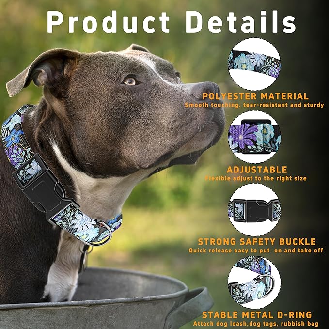 Dog Collar for Boys & Girls, Puppy Collar for Small to Large Dogs, Adjustable Soft Pet Collar with Safety Buckle - Purple Floral Pattern, XS