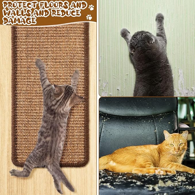 Tuanse 4 PCS Cat Scratcher Mat, 15.7 x 7.8 Inches Sisal Cat Scratching Pad, Horizontal Floor Scratching Pad Rug with Adhesive Loop Tape for Protect Couch and Carpets(Brown)