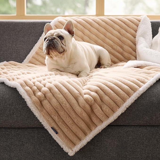 Bedsure ComfyFleece™ Waterproof Dog Blankets for Medium Dogs - Soft Puppy Cat Blanket Corduroy Fleece Washable, Cozy Calming Reversible Furniture Protection for Pet Kitten Doggy,30"x40", Tuscan Beige