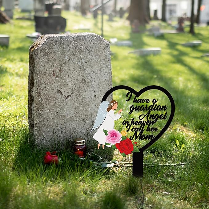 BUoonyer Stake Graves Cemetery Decorations - Mom Metal Memorial Grave Marker, Mother Heart Graveyard Sympathy Plaque, Angel Flower Remembrance Graveside Burial Decor Sign for Outside Yard Garden