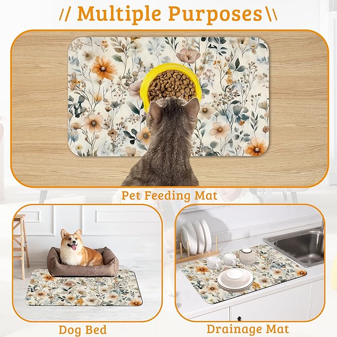 Vintage Flowers Dog Cat Food Mat,Herbs Absorbent Waterproof Placemat for Food and Water Non Slip Rubber Backing Durable Feeding Pad for Clean Floors 12" x 20"