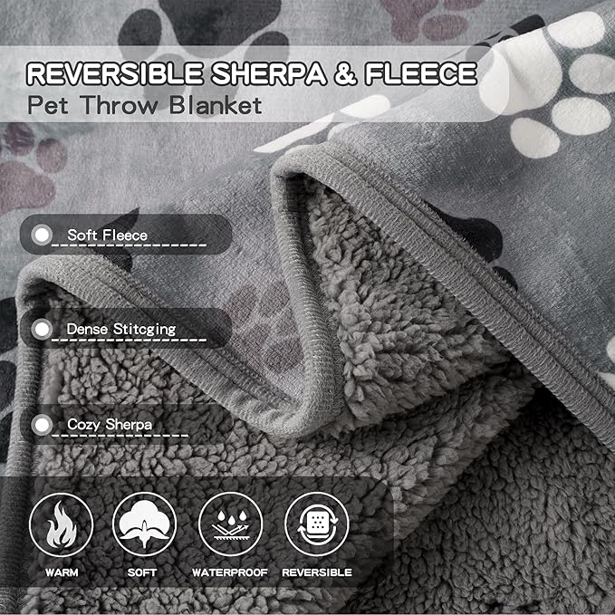 Waterproof Dog Blankets Pet Blanket 60"x80", Soft Fluffy Sofa Car Bed Protector, Reversible Sherpa Fleece Dog Blanket for Large Dogs (Dark Grey-Paws)