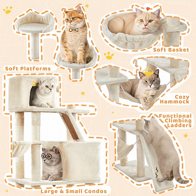 Yaheetech Cat Tree, 82.5in Large Tower w/Hammock, 2 Kitty-Ear Perches, 2 Cozy Condos, Scratching Posts, Basket, Furniture for Large Cats, Kittens, Beige