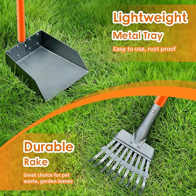 Pooper Scooper, Long Handle Dog Pooper Scooper for Medium Small Dogs Heavy Duty, Pet Supplies Stainless Metal Tray and Rake Set, Use on Grass, Dirt or Gravel