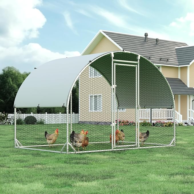 4ever2buy Large Metal Chicken Coop with Run Walk-in Poultry Cage Chicken Runs House Pen Cage Dome Roofed Chicken Coops with Anti-Ultraviolet Cover for Outdoor Yard Farm Use 9.5'W x 6.45'L x 6.3'H