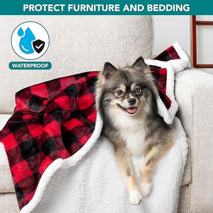PetAmi Waterproof Dog Blanket for Small Medium Dog Puppy Cat Throw for Couch Cover Leakproof Protection, Sherpa Fleece, Reversible Soft Washable 29x40 Checker Plaid Red