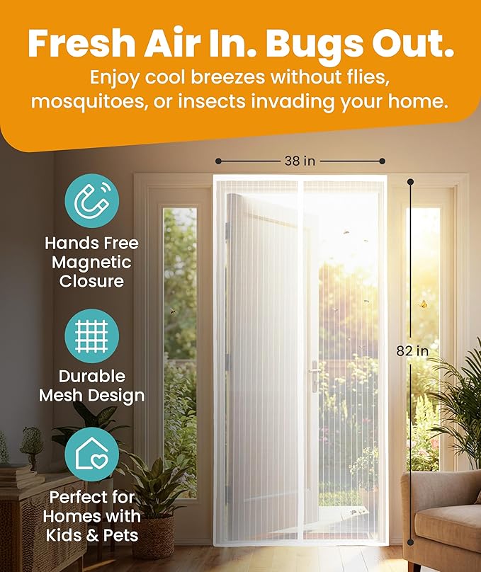 Flux Phenom Magnetic Screen Door Mesh 38x82 Inch – Easy Install, Strong Magnet Strength, Self-Sealing Mesh, Pet Tested, Hands-Free Entry, Door Screen Magnetic Closure, Keeps Bugs Out - White