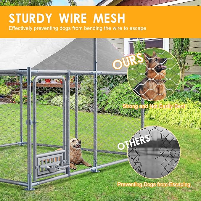 7.5×7.5×5.3 FT Outdoor Dog Kennel with Roof, Dog Enclosure w/Rotating Feeder, Large Heavy Duty Dog Run Playpen w/2 Stainless Bowls, Galvanized Pet House w/Secure Lock, Waterproof Cover (7.5FT)