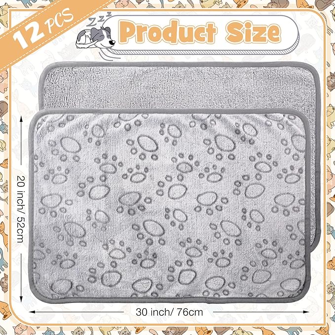 Tegeme 12 Pcs Pet Blankets Soft Fluffy Fleece Dog Cat Warm Paw Print Pattern Blankets Flannel Throw for Pets Dog Puppy Cat(30 x 20 Inch,Gray)