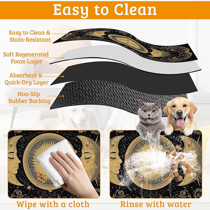 Dog Bowl Mat,Moon Sun Pet Feeding Mat for Floors Waterproof,Boho Vintage Absorbent Dogs Placemat for Food and Water Quick Dry Pet Cat Feeding Mats with Non Slip Bottom 12" x 20"
