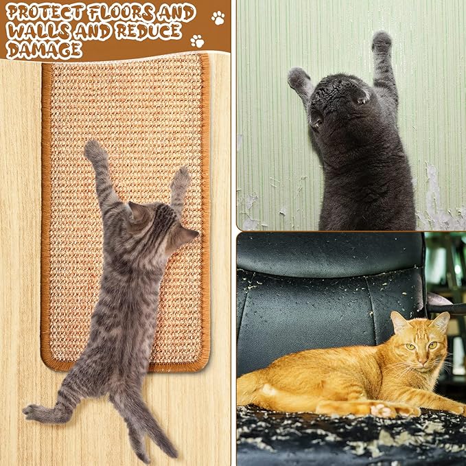 Tuanse 4 PCS Cat Scratcher Mat, 15.7 x 7.8 Inches Sisal Cat Scratching Pad, Horizontal Floor Scratching Pad Rug with Adhesive Loop Tape for Protect Couch and Carpets(Khaki)