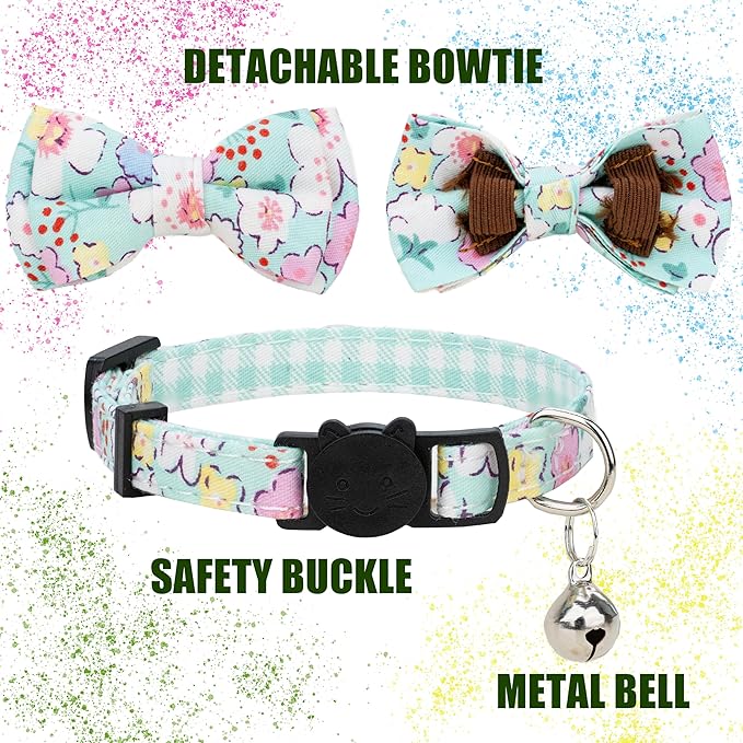 Collar for Cat Pet Breakaway with Bell Bowtie Detachable Bow Adjustable Safety Kitten Puppy Girl Boy 2pcs Green & Pink Sakura
