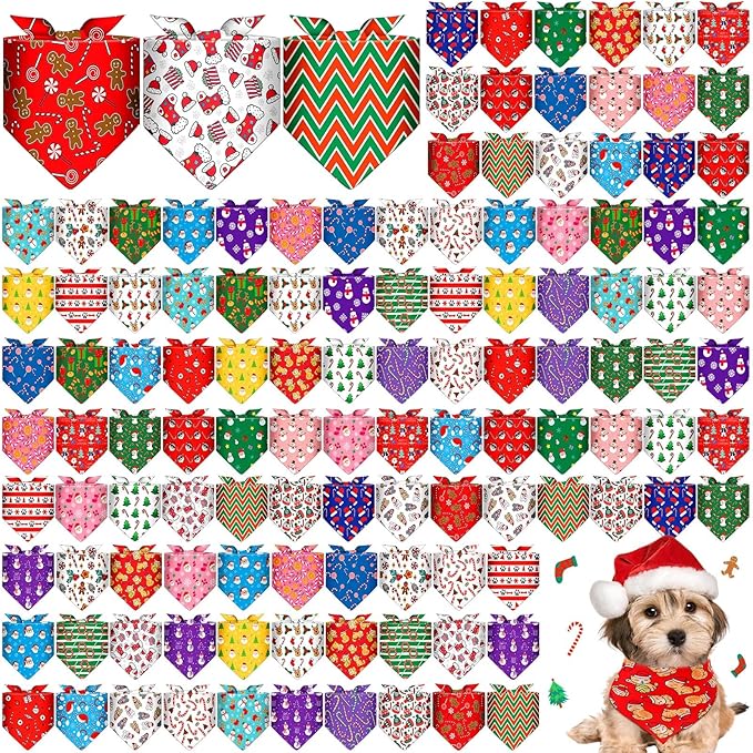 Sanwuta 120 Pcs Christmas Dog Bandanas Bulk Xmas Bandanas for Dogs Triangle Kerchief Bibs Scarf Set for Pet Christmas Costume Photo Props Accessories Pet Shops Grooming, 30 Styles