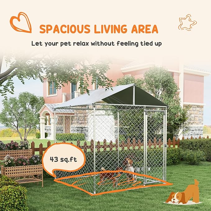PawHut Outdoor Dog Kennel, Heavy Duty Dog Run Outdoor Fence with Waterproof Cover, Galvanized Chain Link, Secure Lock, for Large Breeds, Chickens, Ducks, 6.5' x 6.5' x 7.8'