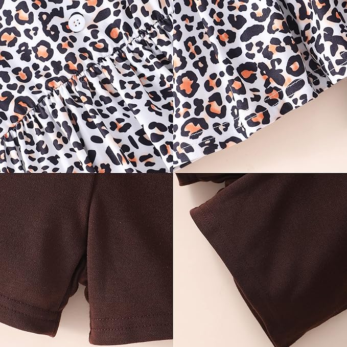 Toddler Baby Girls Summer Clothes Outfits Ruffled Sleeve Dinosaur Shirt Leopard Tops and Shorts Pants Sets 2PCS