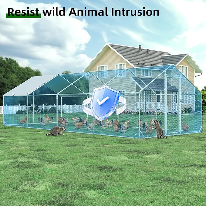 4ever2buy Large Metal Chicken Coop with Run Walk-in Poultry Cage Chicken Runs House Pen Cage Spire Roofed Chicken Coops with Anti-Ultraviolet Cover for Outdoor Backyard Farm Use 9.5’Lx24.9’Wx6.4’H