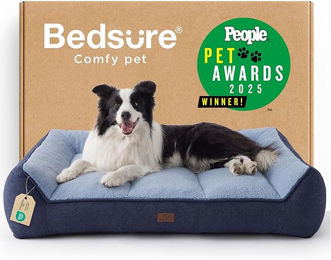 Bedsure SupportMax™ Orthopedic Dog Beds Large Sized Dog - Extra Thick Supportive Large Dogs Bed with Waterproof Washable Cover, L Plus Comfort Pet Sofa with Soft Sherpa and Nonskid Bottom, Blue, 38"