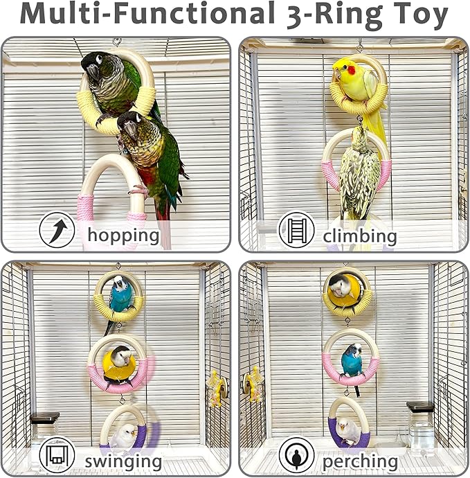 3-Ring Bird Swing Toy, Wrapped with Cotton Rope for Parrots Soft Grip, Thick Wood Parakeet Swing Perch for Cage, Hanging Climbing Bird Toys for 2-3 Parrots Budgies, Lovebirds, Cockatiels