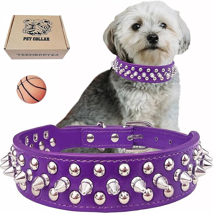 TEEMERRYCA Adjustable PU Leather Spiked Studded Dog Collars with a Squeak Ball Gift for Small Medium Large Pets Like Cats/Pit Bull/Bulldog/Pugs/Husky, Purple, M 12"-15"
