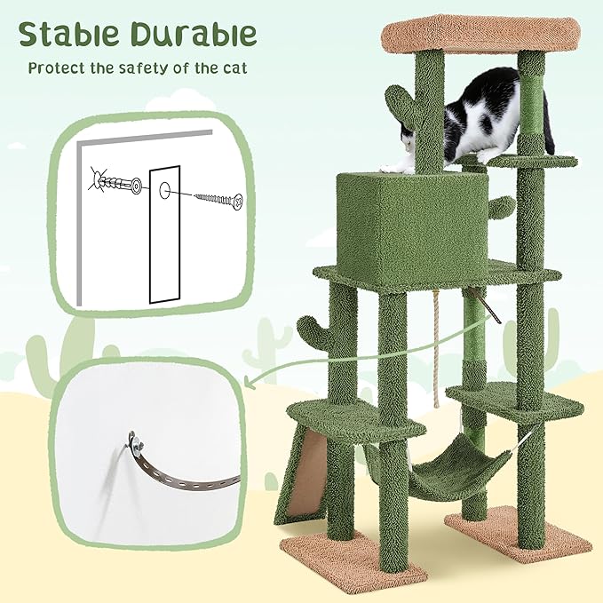 Yaheetech 63in Cactus Cat Tree, Multi-Level Tall Climbing Tower with Sisal-Covered Scratching Posts & Condo & Hammock, Pet Furniture Activity Center for Kitten