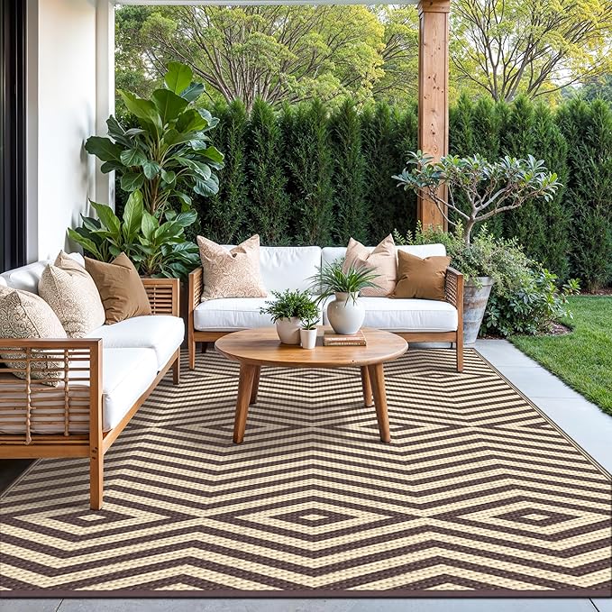 GENIMO Outdoor Rug for Patio Clearance, 8'x10' Reversible Plastic Straw Rugs, Lightweight Waterproof Modern RV Camping Mat for Camper, Balcony, Deck, Backyard, Picnic, Coffee Beige