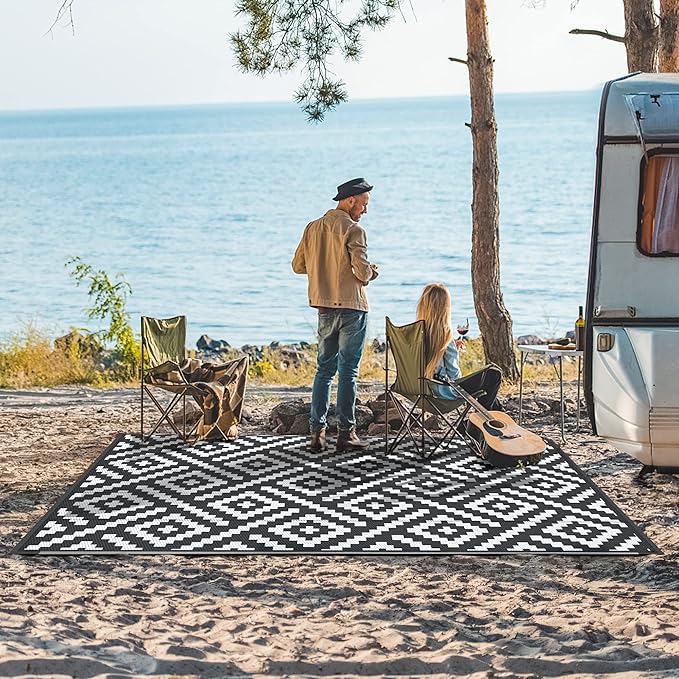GENIMO Outdoor Rug for Patio Clearance,9'x12' Waterproof Large Mat,Reversible Plastic Camping Rugs,Rv,Porch,Deck,Camper,Balcony,Backyard,Black & White
