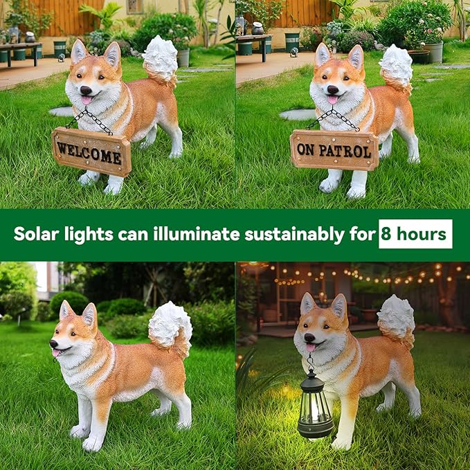 Akita Statue Outdoor Decorations – Dog Statues Outdoor Standing Yellow Akita with Replaceable Solar Light & Welcome Sign for Porch Décor
