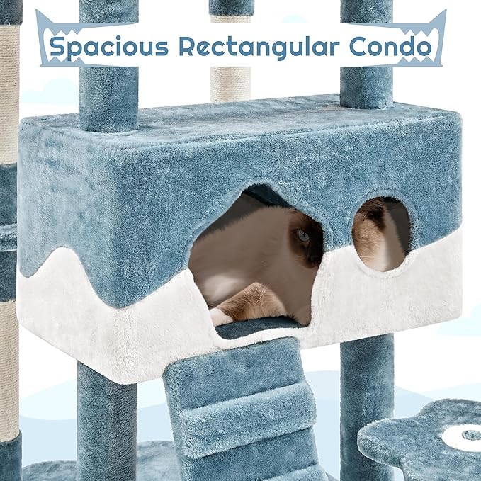Yaheetech Cat Tree, 72.5inch Ocean-Themed Cat Tower, Multi-Level Large Cat Tree for Indoor Cats with Shark's Mouth Bed & 2 Big Condos & 2 Wide Perches & Funny Toys, Blue & White