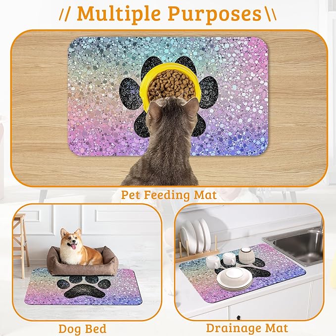 Pet Feeding Mat,Dog Paw Absorbent Dog Cat Food Mat Dog Mat with Rubber Backing,Non-Slip Water Bowl Placemat,Pet Supplies 12" x 20"