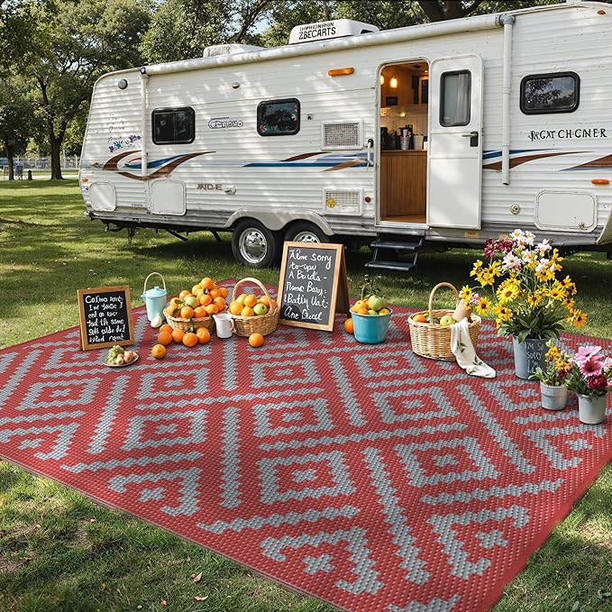 GENIMO Outdoor Rug for Patio Clearance, 8'x10' Reversible Plastic Straw Rugs, Lightweight Waterproof RV Camping Mat for Camper, Balcony, Deck, Backyard, Picnic, Red Grey