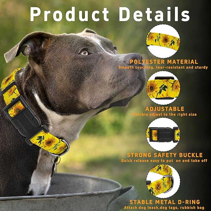 Dog Collar, Floral Boys Girls Puppy Collar, Adjustable Soft Pet Collar with Safety Buckle for Small Medium Large Dogs (Yellow Sunflower, XS)