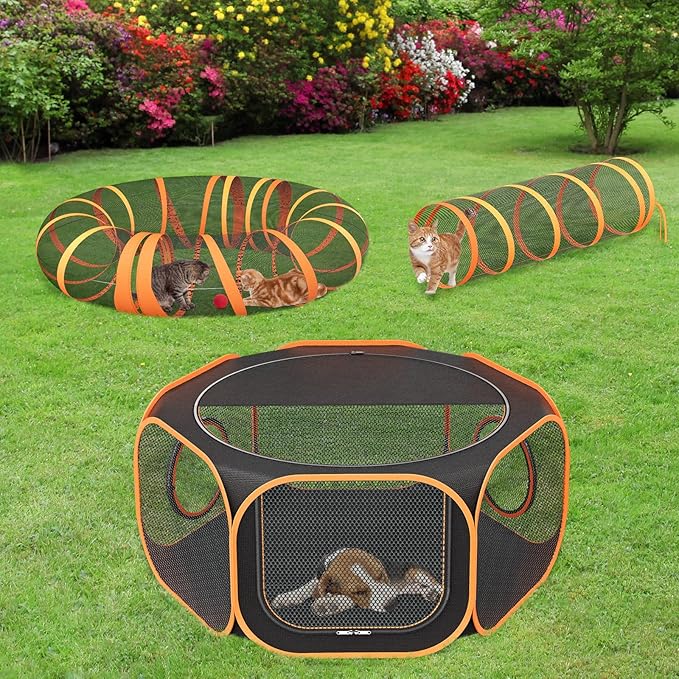 Cat Outdoor Enclosures Tunnel Playpen - Portable Playpen Indoor Collapsible Cats Enclosure with Shade Cover 2 Tunnels for Large Small Pets Animal Outside Catio Happy Travel Camping Back Yard