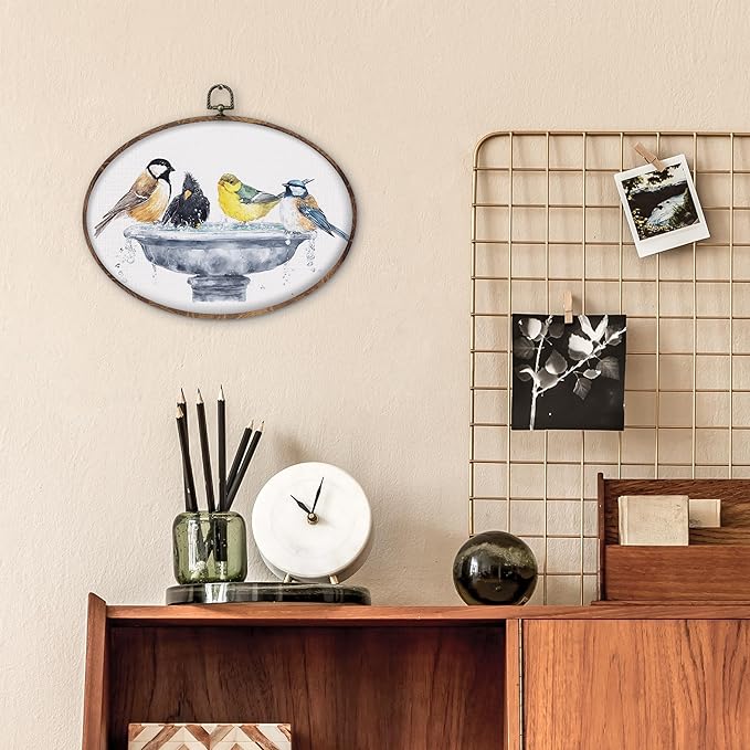DILSJ Bird Oval Wall Art Decor, Country Bird Bath Canvas Wall Art Framed, Rustic Watercolor Birds Hanging Decorations for Bathroom Washroom Restroom Toilet, 8.5x11 Inch