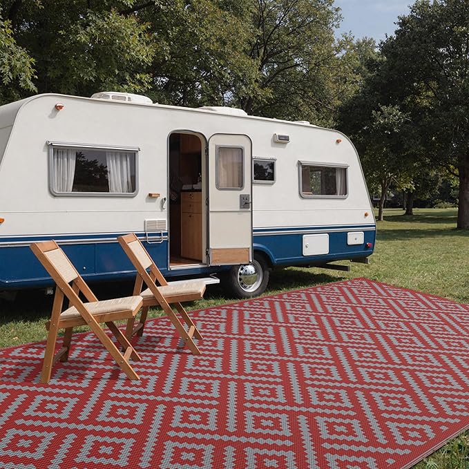 GENIMO Outdoor Rug for Patio Clearance, 10'x20' Reversible Plastic Straw Rugs, Lightweight Waterproof RV Camping Mat for Camper, Balcony, Deck, Backyard, Picnic, Red Grey