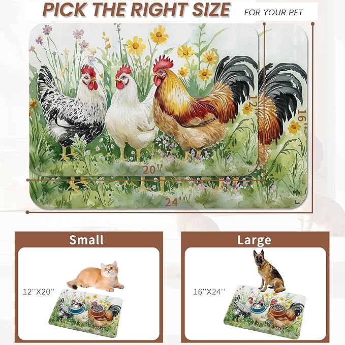 Chicken Rooster Dog Food Mat for Floors,Farm FlowerAbsorbent Pet Food and Water Bowl Mats,Non-Slip Pet Feeding Mat,Pet Supplies 16" x 24"