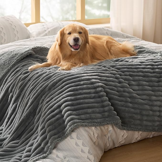 Bedsure ComfyFleece™ Waterproof Dog Blankets for Large Dogs - Soft Pet Cat Blanket Corduroy Fleece for Bed Protector Washable, Cozy Calming Reversible Furniture Protection,60"x80", Warm Grey